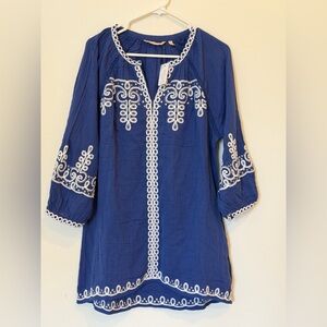 NEW Soft Surroundings Coruh Gauze Top Sapphire Blue Embroidered Tunic Top Sz L